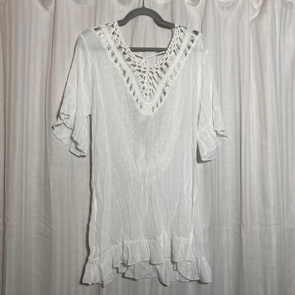 Boho Cottagecore White Crochet Lace Beach Cover Up Tunic Ruffle Gauzy Dress M